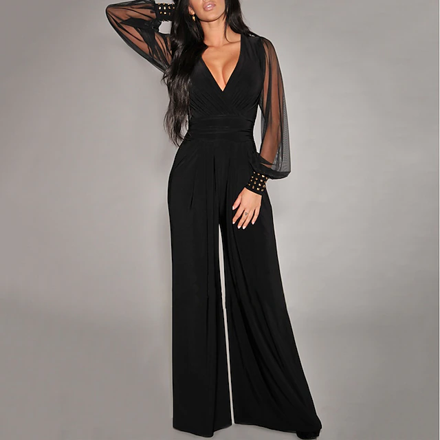 Women's Jumpsuit High Waist Mesh Solid Color V Neck Elegant Party Daily Wide Leg Slim Long Sleeve Black Wine S M L Fall 5