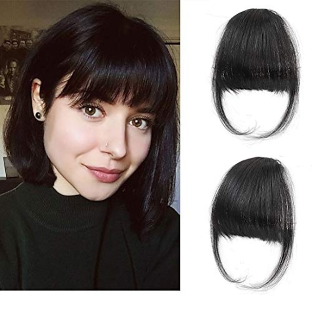 Clip in Bangs - 100% Human Hair Wispy Bangs Clip in Hair Extensions, Black Air Bangs Fringe with Temples Hairpieces for Women Curved Bangs for Daily Wear
