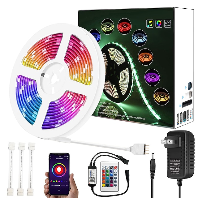  Upgrade 32ft 10M Music Synchronous Dimming Intelligent App Control Waterproof 5050 RGB LED Strip Light with IR24 Key Bluetooth Controller or with DC12V Adapter Kit