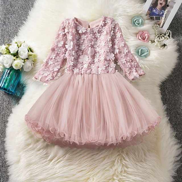  Vestido de renda de flores bordadas para meninas, cor sólida, cor rosa, na altura do joelho, manga 3/4, vestidos bonitos