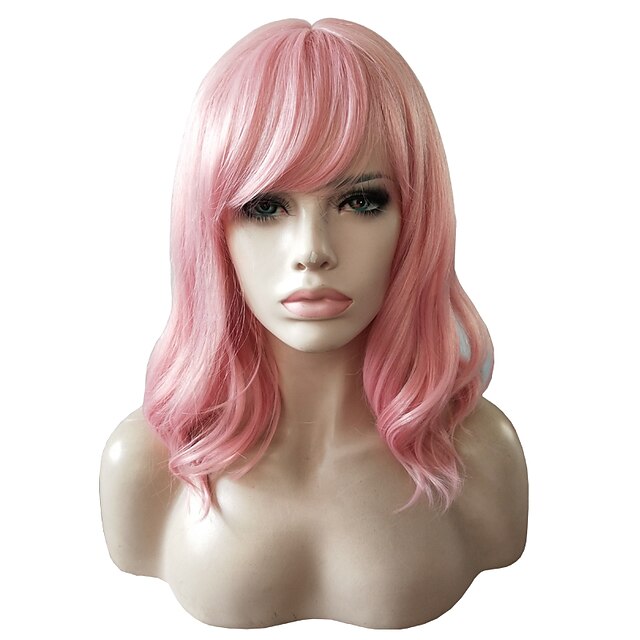  Synthetic Wig Loose Curl With Bangs Wig Short Pink+Red Synthetic Hair 16 inch Women's Fashionable Design Cute Party Pink