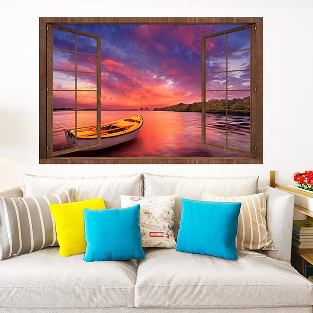 Home & Garden Home Decor | Landscape Sunset Sea Lone Boat Wall Stickers 3D Wall Stickers Decorative Wall Stickers PVC Home Decor