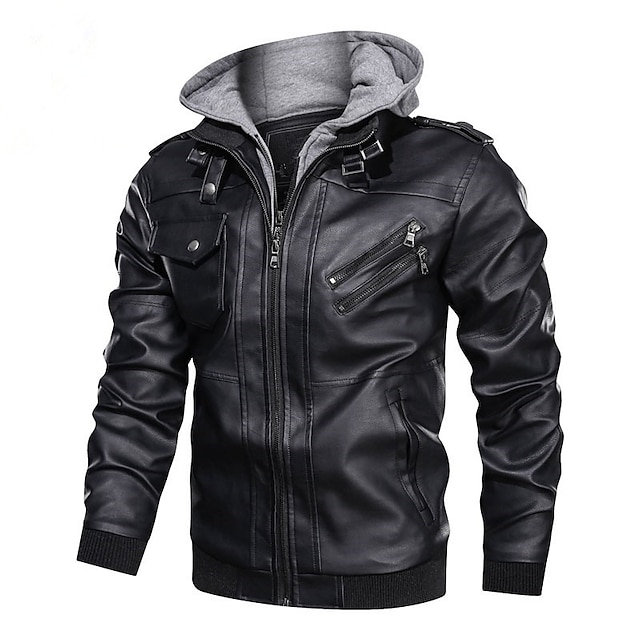 Mens Clothing Mens Outerwear | Mens Faux Leather Jacket Daily Fall & Winter Regular Coat Stand Collar Hooded Regular Fit Jacket 