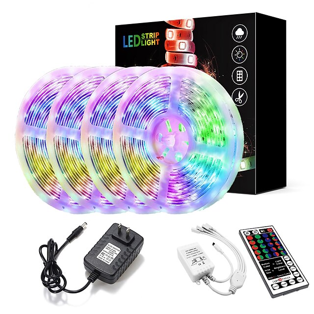  zdm 20m (4 * 5m) led lysstrimler kit rgb tiktok lys 2835 1200 lysdioder 8mm strimmel fleksibelt lys led ir 44key fjernbetjening med eu us au strømforsyning ac110-240v