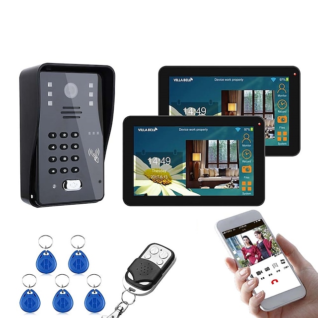  9 Inch 2 Monitors Wired / Wireless Wifi RFID Password Video Door Phone Doorbell Intercom System With IR-CUT 1000TVL Camera