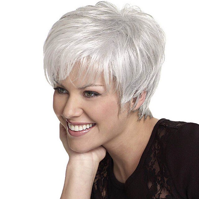 Beauty & Hair Wigs & Hair Pieces | Synthetic Wig Straight Pixie Cut Wig Short Silver Synthetic Hair 12 inch Womens Heat Resistan