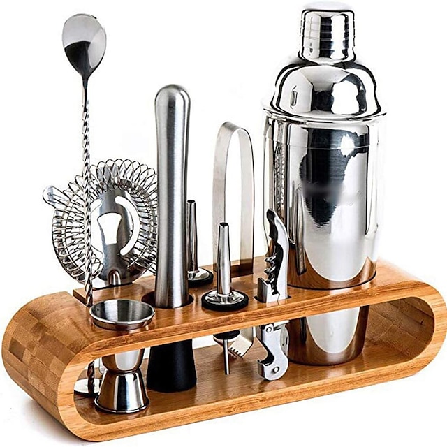  bartender kit cocktail shaker mixer rustfrit stål 350 ml bar værktøjssæt med stilfuld bambus stativ perfekt hjem bartending kit og martini cocktail shaker sæt