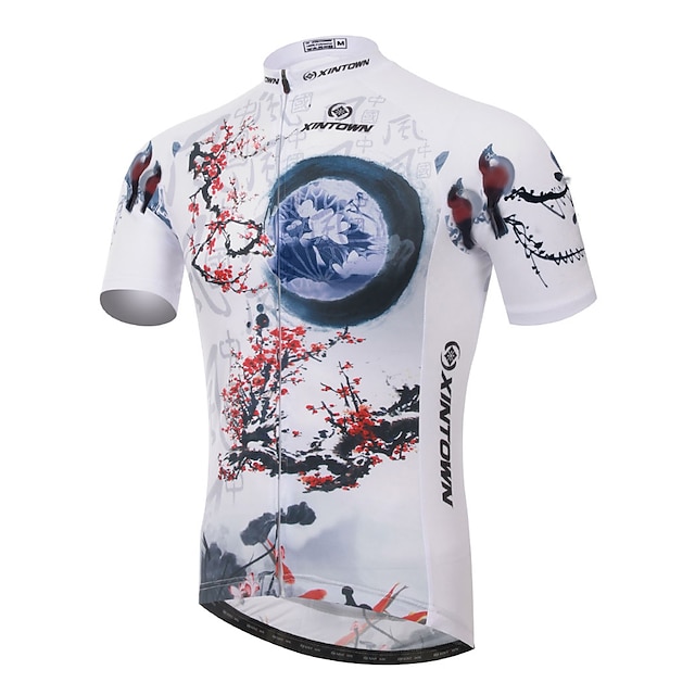  XINTOWN Men's Cycling Jersey Short Sleeve Bike Jersey Top with 3 Rear Pockets Mountain Bike MTB Road Bike Cycling Breathable Ultraviolet Resistant Quick Dry White Floral Botanical Elastane Lycra