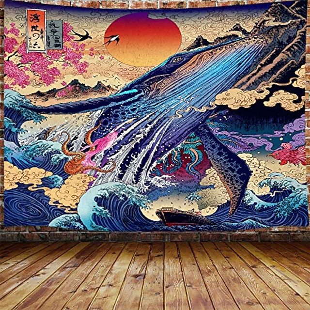  japán festészeti stílus ukiyo-e falikárpit művészeti dekoráció takaró függöny függő otthoni hálószoba nappali dekoráció ukiyo-e bálna kígyó szarvas állat tenger óceán hullám mountian daru