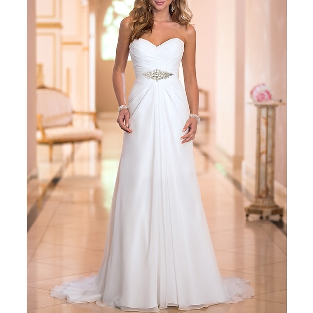  простые свадебные платья трапеции без бретелек со шлейфом и шифоновыми свадебными платьями с кристаллами 2024
