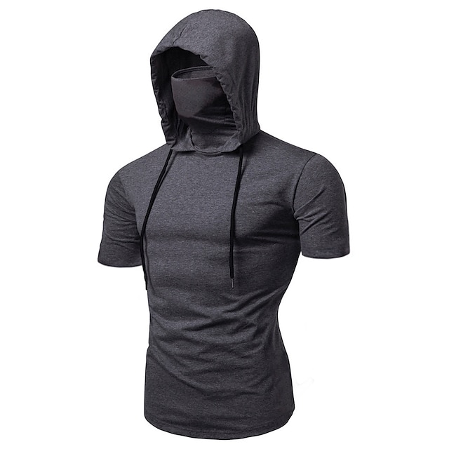  Men's Short Sleeve Hoodie with Mask Running Shirt Tee Tshirt Top Street Athleisure Summer Cotton Thermal Warm Breathable Soft Running Jogging Training Sportswear Solid Colored Normal Black Burgundy