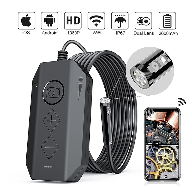  1080P Dual-Lens Endoscope Wireless Endoscope with 8 LED Lights Inspection Camera Zoomable Snake Camera For Android & iOS Tablet 3.5M