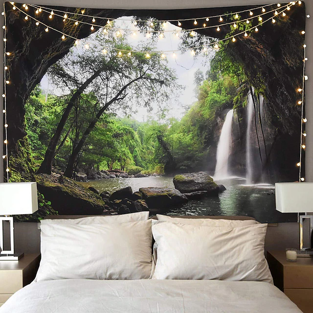 Nature Forest Thick Tree Large Wall Tapestry Large 3D Print Wall Art Hanging For bedroom Living Room Home Decor, Green and White Forest Scenery 7