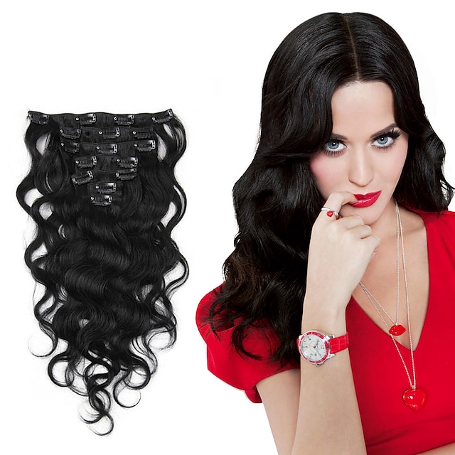  Clip In Human Hair Extensions Body Wave Virgin Human Hair Human Hair Extensions Brazilian Hair Women's Natural Black #1B