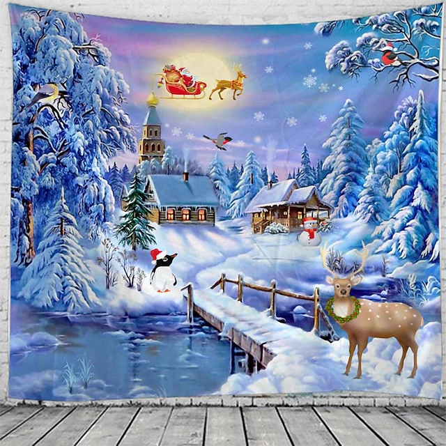 Christmas Decorations White Winter Snow Reindeer Wall Tapestry Holiday Party Xmas Decor Photo Background Backdrop Blanket Curtain Tablecloth Hanging Bedroom Living Room Santa Claus Gift Polyester 5