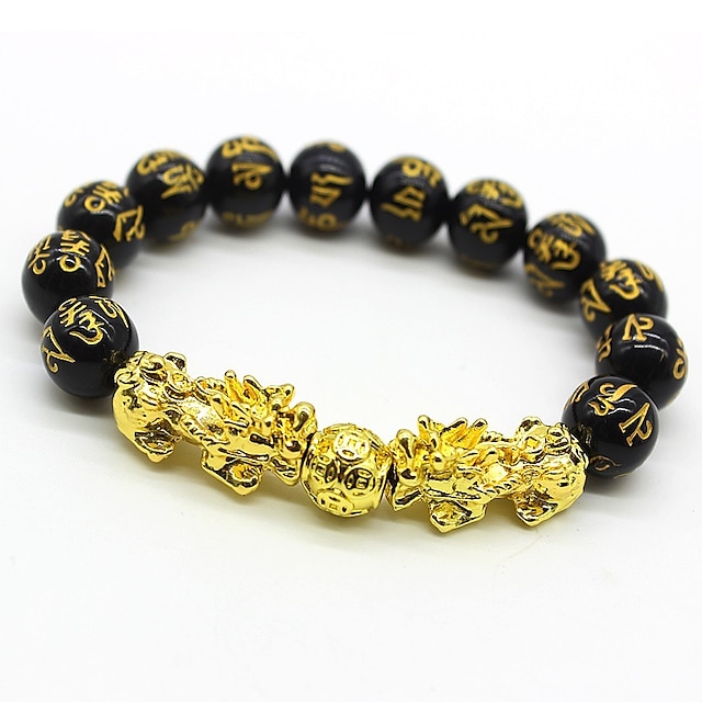  pulseira feng shui negra obsidiana riqueza pulseira para mulheres homens elástico ajustável de 14 mm