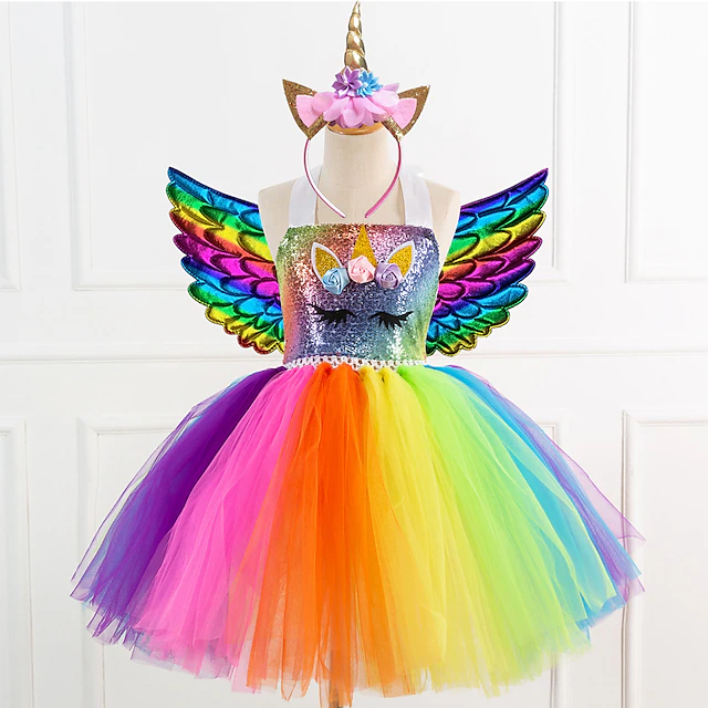 Unicorn Dress Wings Headband Girls' Movie Cosplay Dance Tight Tutus Vacation Dress Golden Blue Rainbow Dress Wings Headwear Halloween Carnival Princess World Book Day Costumes 9