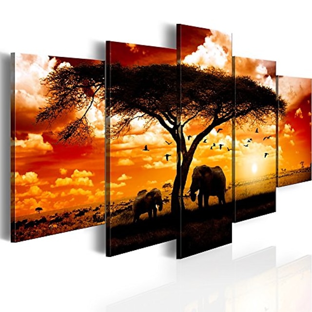  5 Panels Wall Art Canvas Prints Posters Painting Artwork Picture Elephant Animal Tree Sunset Home Decoration Décor Rolled Canvas With Stretched Frame