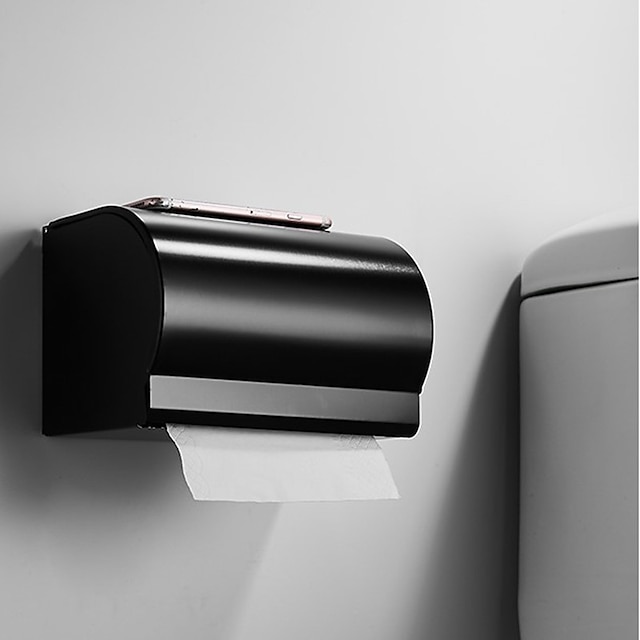 suporte de papel higiênico multifuncional, material de alumínio, acessório de banheiro montado na parede com prateleira de armazenamento para celular preto fosco 1 pc
