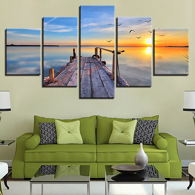 5 Panels Landscape Prints Posters/Picture Beach Blue Sea Sunset Modern ...