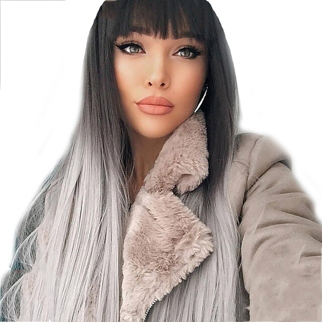  Synthetic Wig kinky Straight Natural Straight With Bangs Wig Long Black / White Synthetic Hair 26 inch Women's Easy to Carry Comfortable Color Gradient Black Gray