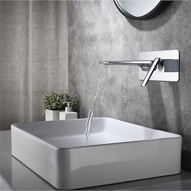  Brass Wall Mounted Bathroom Sink Faucet,Black/Silvery Waterfall Painted Finishes Bath Taps with Hot and Cold Switch