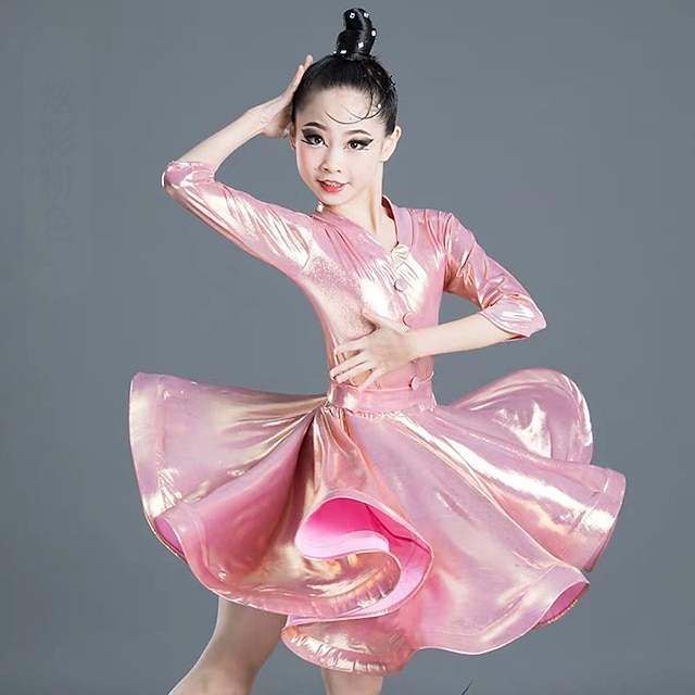  Latin Dance Dress Side Draping Ruching Solid Girls' Training Performance Half Sleeve Polyester