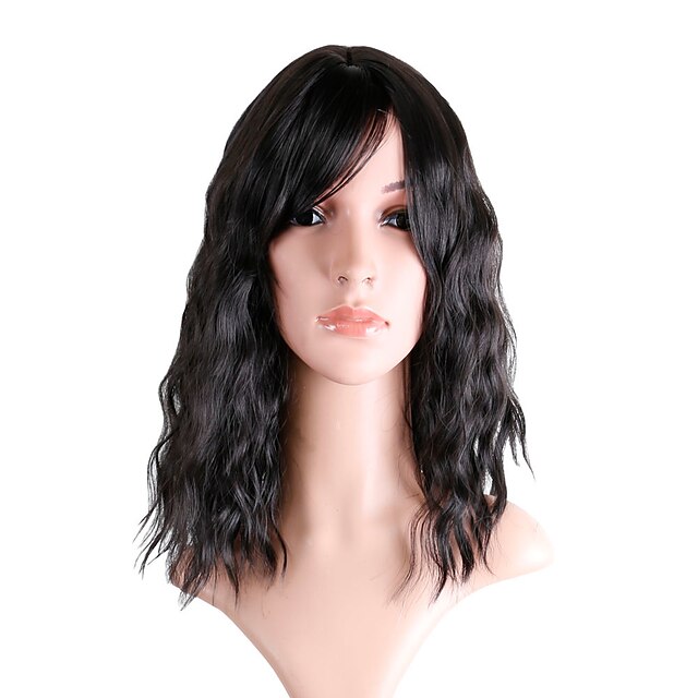  Synthetic Wig Loose Curl Asymmetrical With Bangs Wig Medium Length Natural Black Synthetic Hair 14 inch Women's Fashionable Design Party Fluffy Black