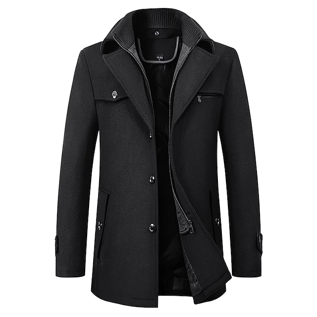 Men's Winter Coat Wool Coat Overcoat Short Coat Business Casual Fall & Winter Wool Blend Outerwear Clothing Apparel Basic Solid Colored Notch lapel collar Zipper2