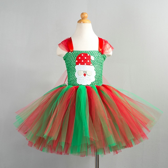  Kids Little Girls' Dress Christmas Lace up Green Knee-length Sleeveless Cute Dresses Christmas