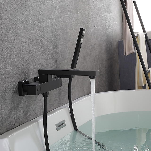  badekarkran svart veggmontert, baderomskran bad romersk badekar påfyllingsbatteri messing, 2-hulls sprøyte med kaldt varmtvannsslange