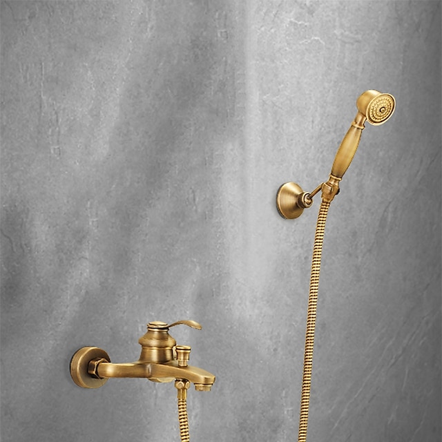  Antique Brass Shower Faucet Set,Wall Mounted Rainfall Single Handle Two Holes Shower Mixer Taps with Hot and Cold Switch