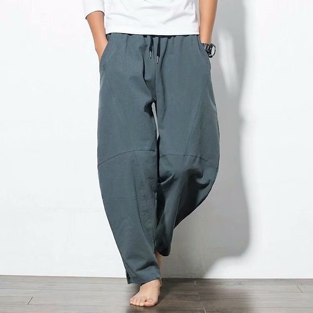  Men's Linen Pants Trousers Summer Pants Bloomers Beach Pants Pocket Drawstring Elastic Waist Plain Lightweight Ankle-Length Daily Yoga Fashion Casual Loose Fit Black White