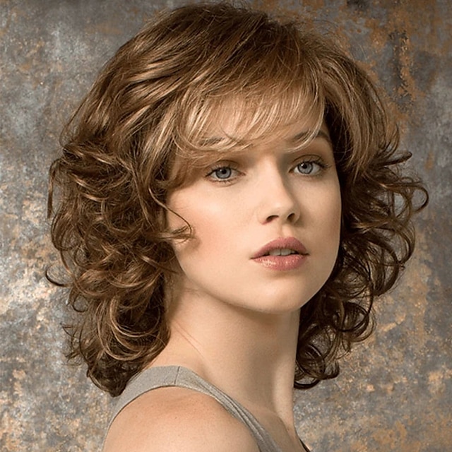  Brown Wigs for Women Synthetic Wig Curly Wigs with Bangs Brown Synthetic Hair Fluffy Brown Wigs Short Ombre Wigs