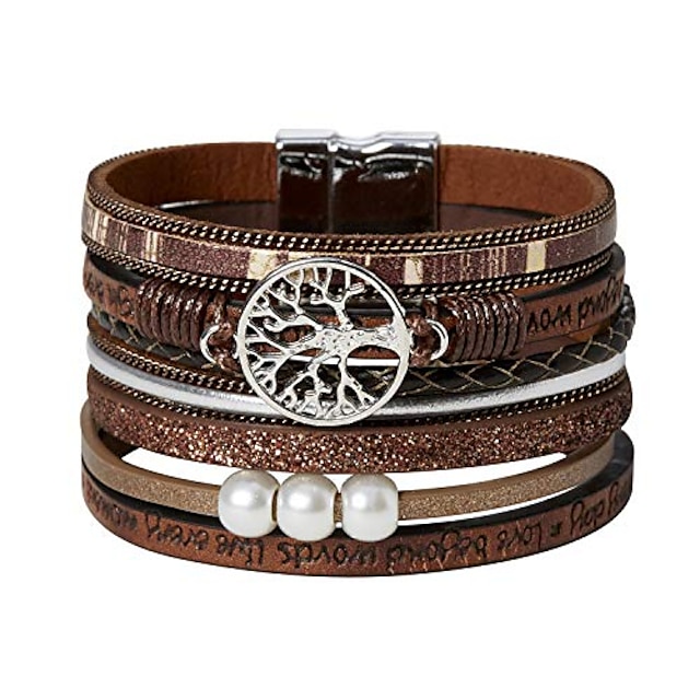 Multilayer Leather Bracelet Handmade Crystal Wrap Bangle with Magnetic Clasp Leather Wrap Bracelet Bohemian Jewelry Gift for Women and Girl