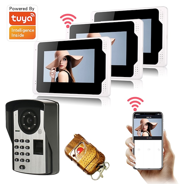  Tuya APP Video Doorbell Wired/Wifi 7inch Monitor Video Door Phone Home Security 1080P HD Camera Motion Detect Snapshot Recording Remote Control Night Vision