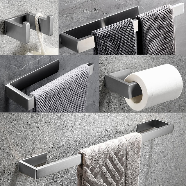  Bathroom Hardware Accessory Set Include Robe Hook, Towel Bar, Towel Holder, Toilet Paper Holder, Self-adhesive Brushed Stainless Steel Silvery