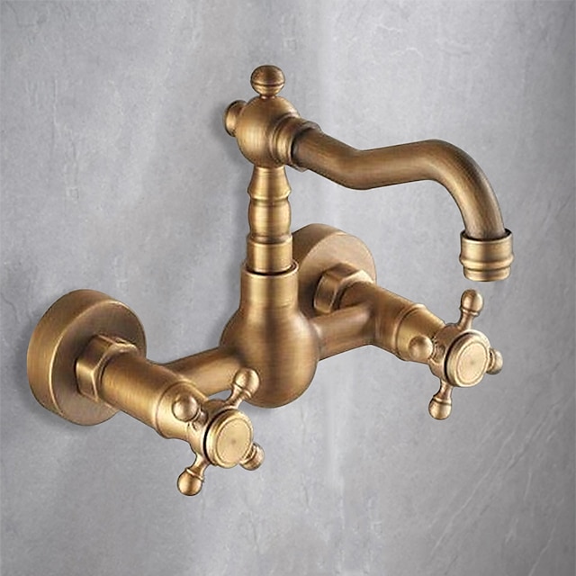  Antique Brass Kitchen Faucet,Wall Mounted Standard Spout Two Handles Two Holes Traditional Widespread Kitchen Taps  with Hot and Cold Switch and Ceramic Valve