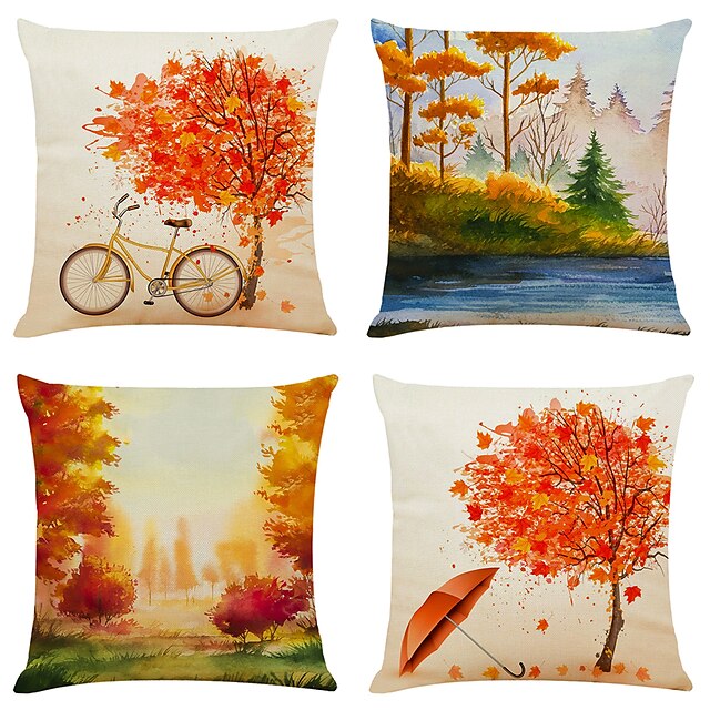  Fall Set of 4 Full Of Decorative Throw Pillow Cases Sofa Faux Linen Cushion Covers 18x18