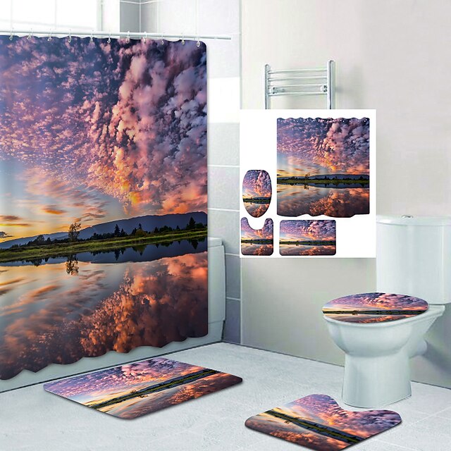 Home & Garden Bath Accessories | Pink Fire Cloud Small Lake Digital Printing Four-piece Set Shower Curtains and Hooks Modern Pol