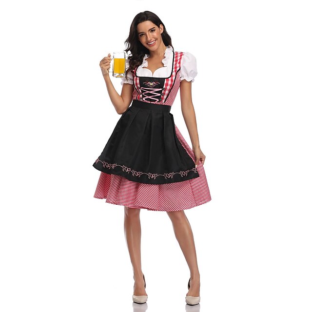  Oktoberfest Beer Dirndl Trachtenkleider Women's Dress Apron Bavarian Vacation Dress Costume Red+Black Red Green / Tulle / Cotton