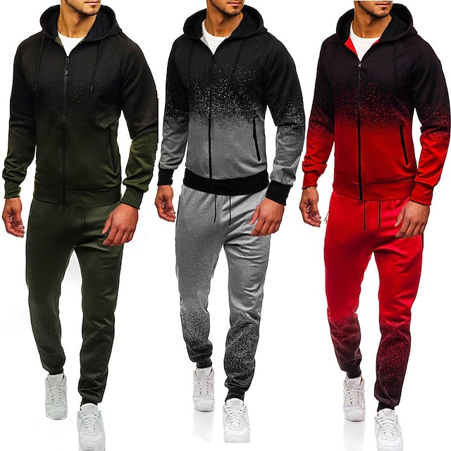  Men's 2 Piece Full Zip Tracksuit Sweatsuit Street Athleisure 2pcs Winter Long Sleeve Cotton Breathable Soft Fitness Gym Workout Running Jogging Training Sportswear Color Gradient Jacket Red Army