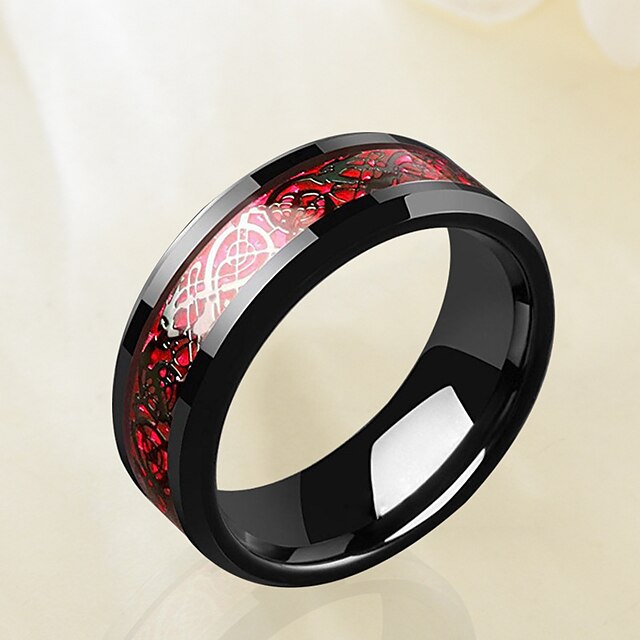 8mm red carbon fiber black celtic dragon ring for men beveled edges ...