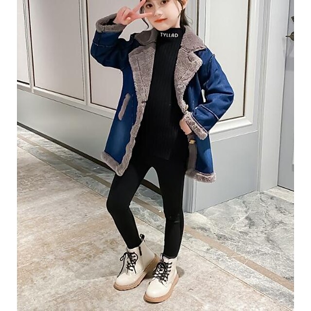 Baby & Kids Girls Clothing | Kids Girls Jacket & Coat Blue Color Block Fur Trim Patchwork School Basic / Long - JM91800