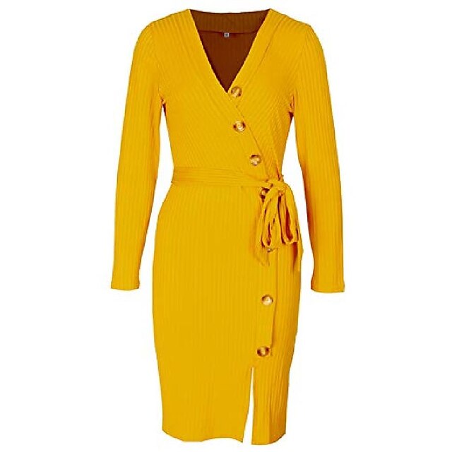  women midi dress v neck long sleeve sheath dress sexy bodycon knit dress (us l=tag size xl, yellow)
