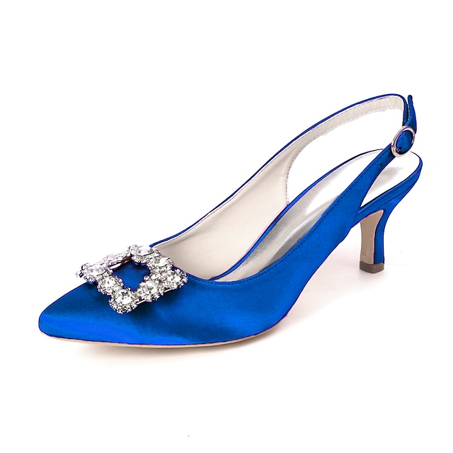 Women's Navy Blue Satin Slingback Kitten Heel with Rhinestone Buckle ...