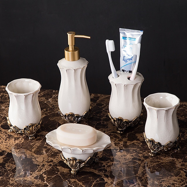  Bathroom Accessories Set 5 Piece Ceramic Complete Bathroom Set for Bath Decor Includes Toothbrush Holder Soap Dispenser Soap Dish 2 Mouthwash Cup Gift for Family