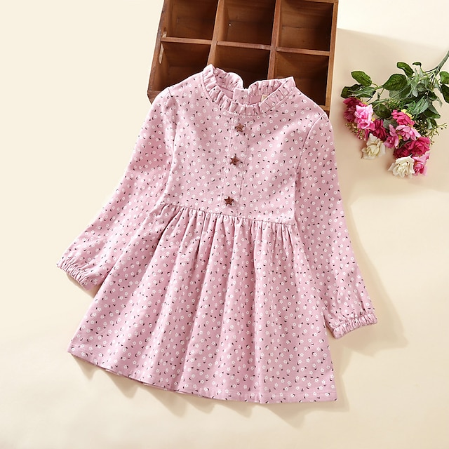  Kids Girls' Dress Floral Knee-length Dress Print Cotton Long Sleeve Cute Dress Pink Yellow