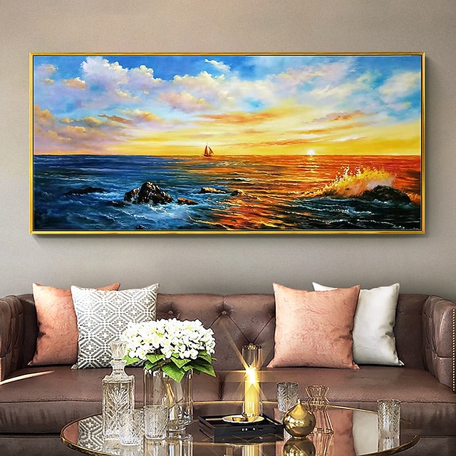  Oil Painting 100% Handmade Hand Painted Wall Art On Canvas Horizontal Panoramic Abstract Modern Landscape Nightfall Sea Sky Home Decoration Decor Rolled Canvas No Frame Unstretched