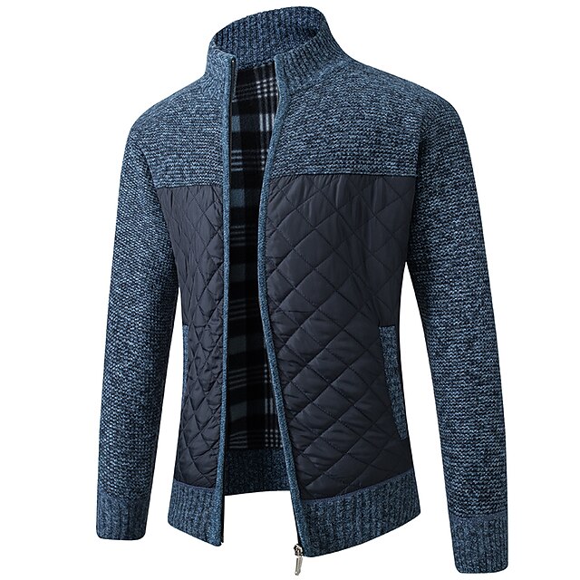 Cozy High Neck Long Sleeve Color Panel Winter Men Zip Up Cardigan